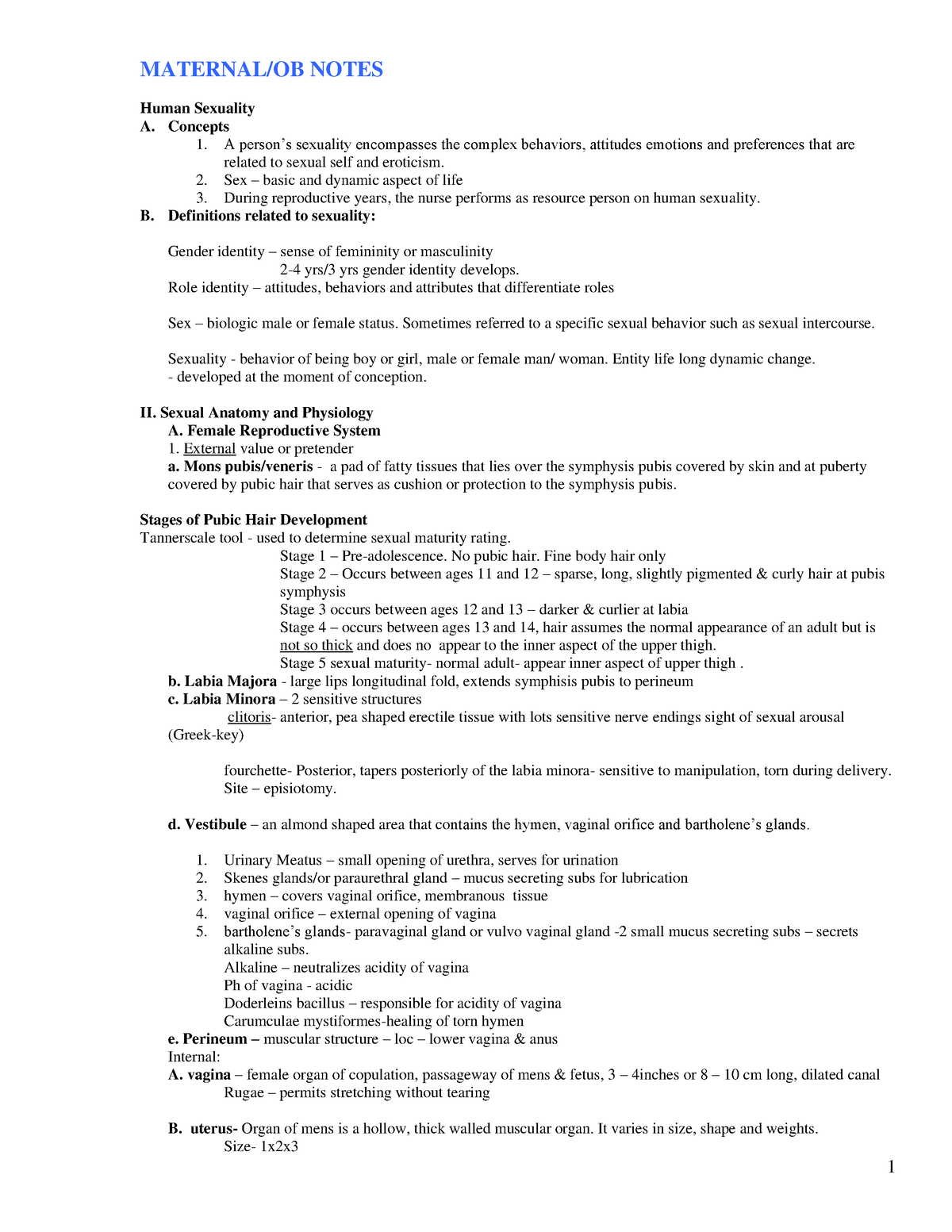 Obstetrical Nursing - MATERNAL/OB NOTES Human Sexuality A. Concepts 1 ...