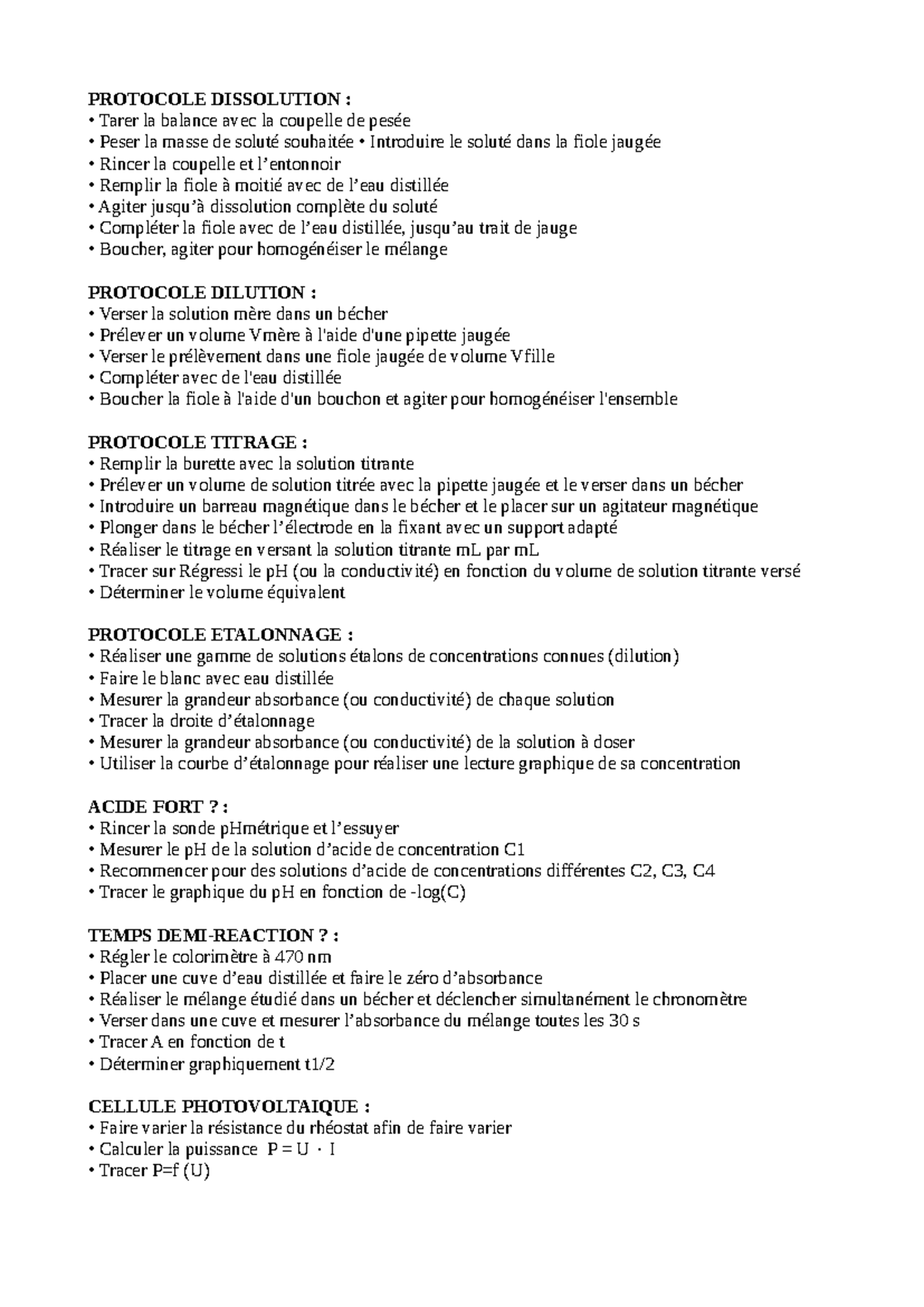 Protocole pour ECE chimie - PROTOCOLE DISSOLUTION : Tarer la balance ...