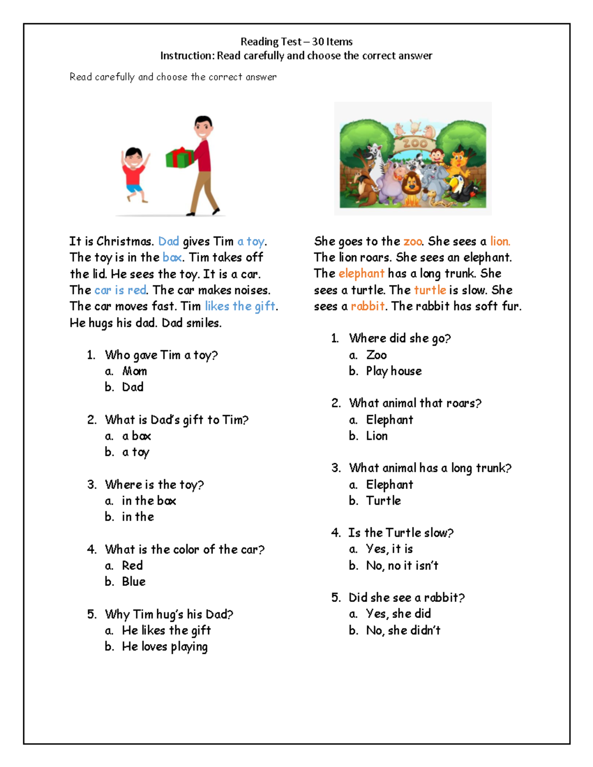 Module 6 - Tesol Reading - Reading Test – 30 Items Instruction: Read ...