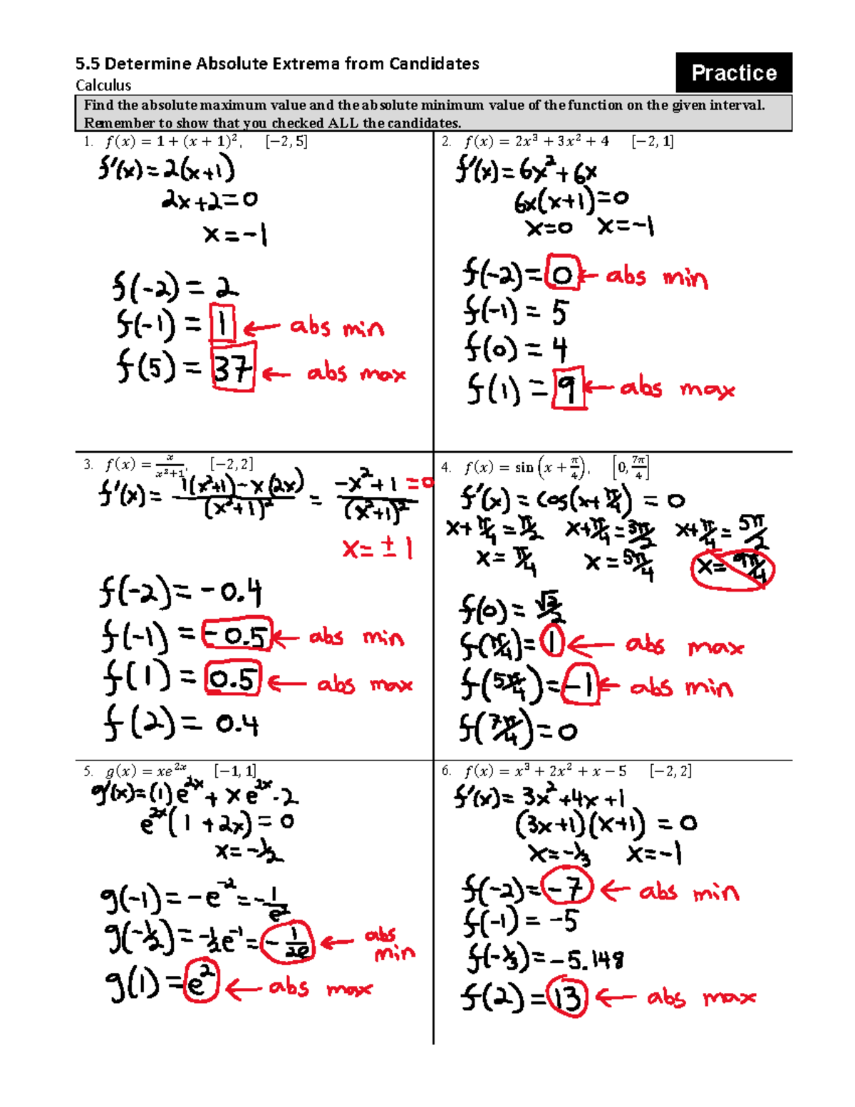Calc 5 calc max/min 5 Determine Absolute Extrema from Candidates