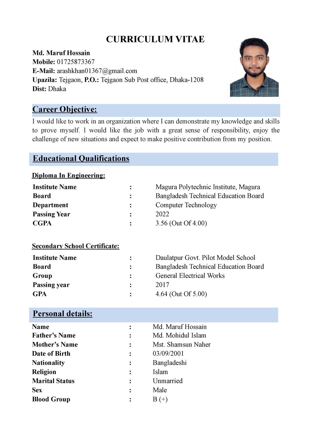 Mdmaruf Hossain Curriculum Vitae Md Maruf Hossain Mobile