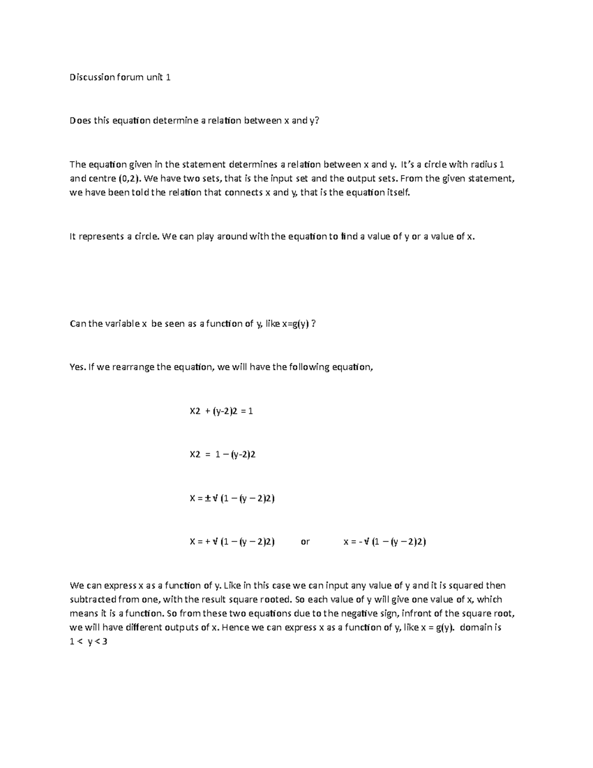 College Algebra Discussion Forum Unit 1 Discussion Forum Unit 1 Does This Equation Determine A Studocu