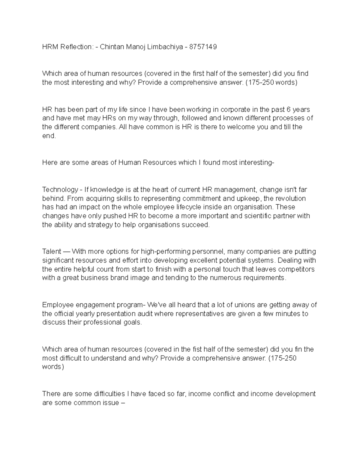 HRM Reflection report on importance of motivation - BACC 103 - Humber ...