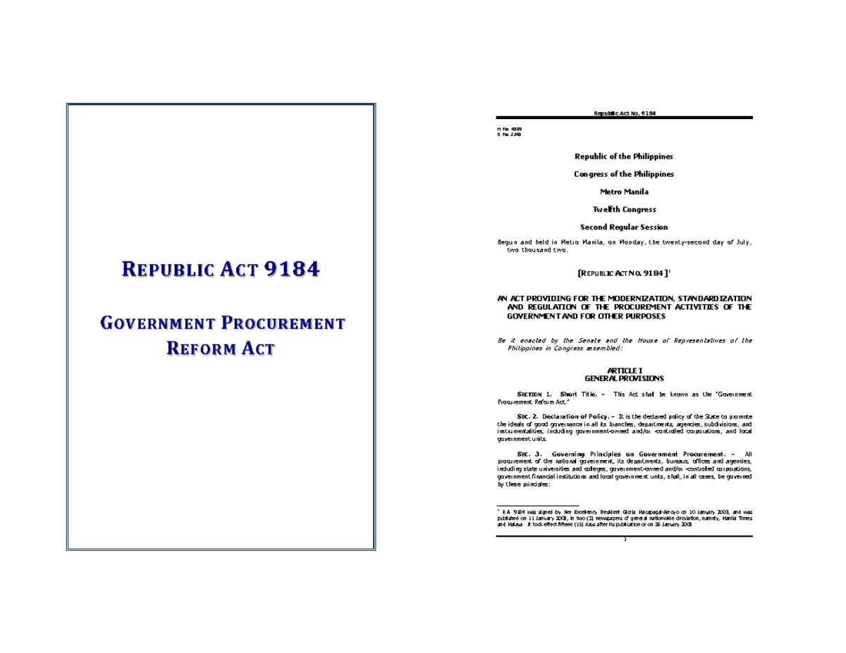 RA 9184 Law for Procurement - R EPUBLIC A CT 9184 G OVERNMENT P ...