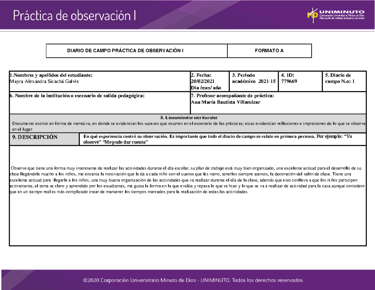 Diario DE Campo - DIARIO DE CAMPO PRÁCTICA DE OBSERVACIÓN I FORMATO A 1