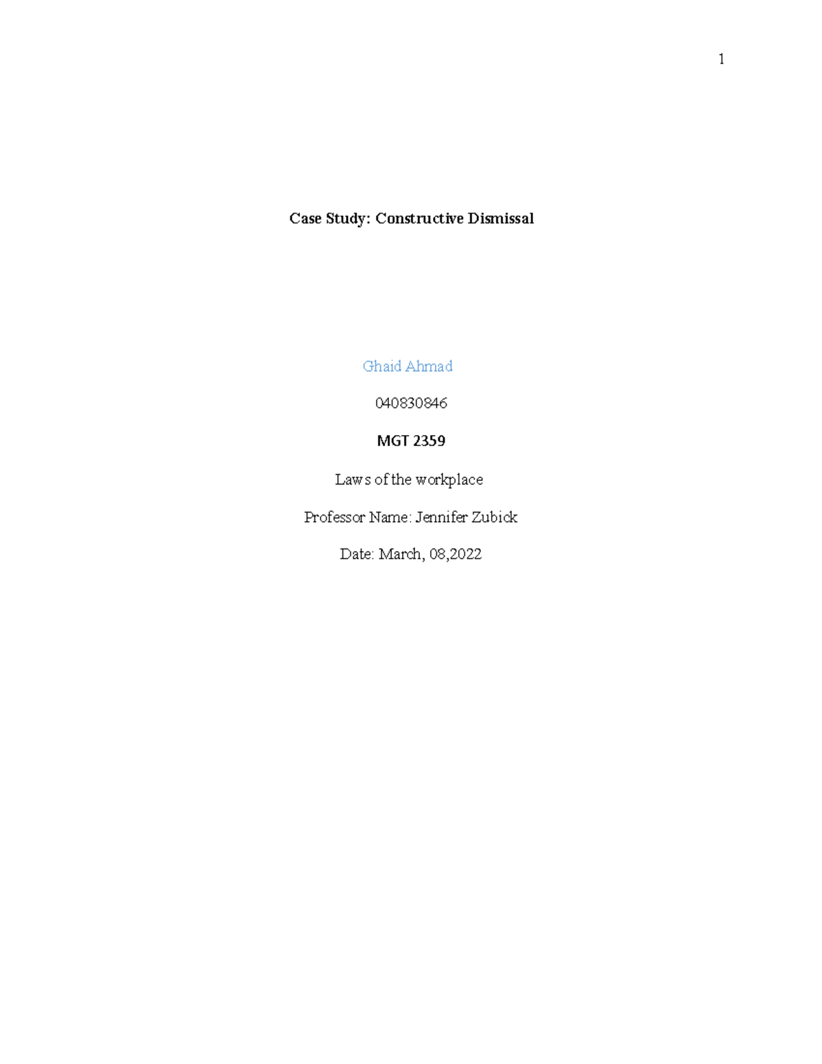 Employment Law Constructive Dismissal Case Study Case Study