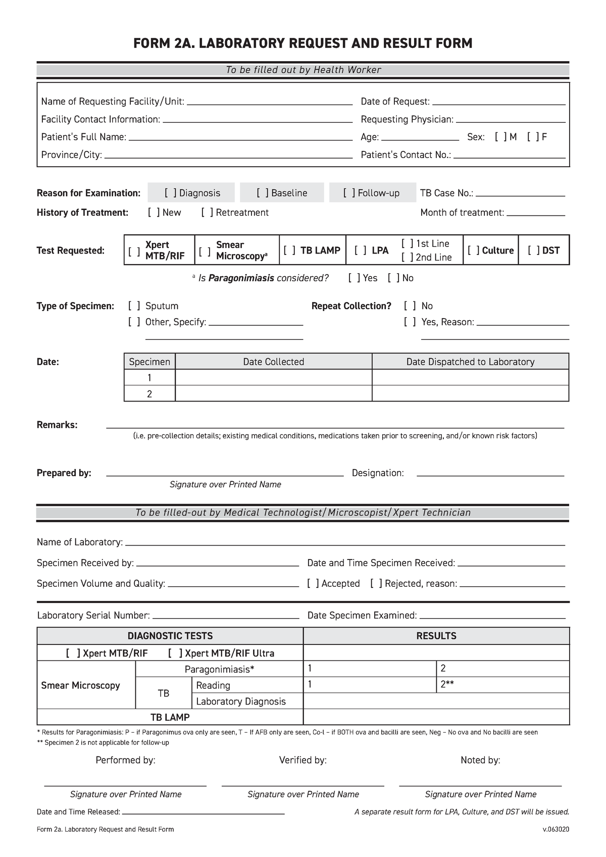 Form 2a TB DOTS - FORM 2A. LABORATORY REQUEST AND RESULT FORM Name of ...