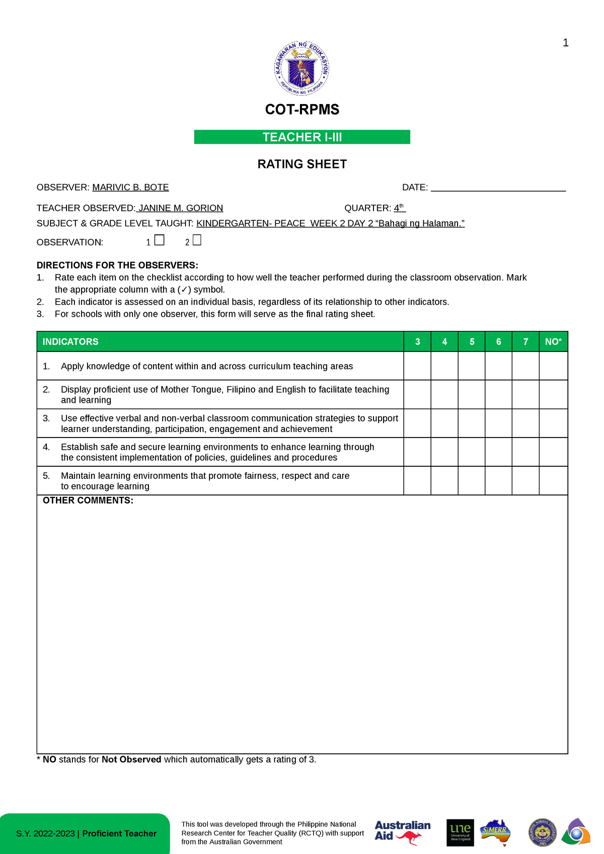 (4) COT Teachers I-III 2022 - 1 This tool was developed through the ...