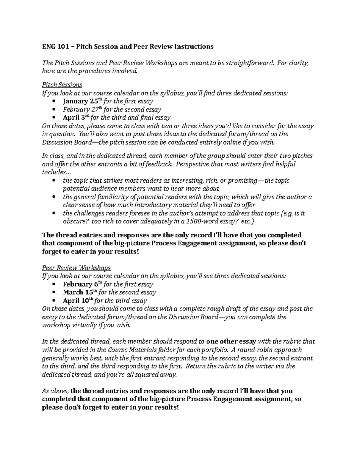 Pitch Session and Peer Review Instructions For clarity, here are the