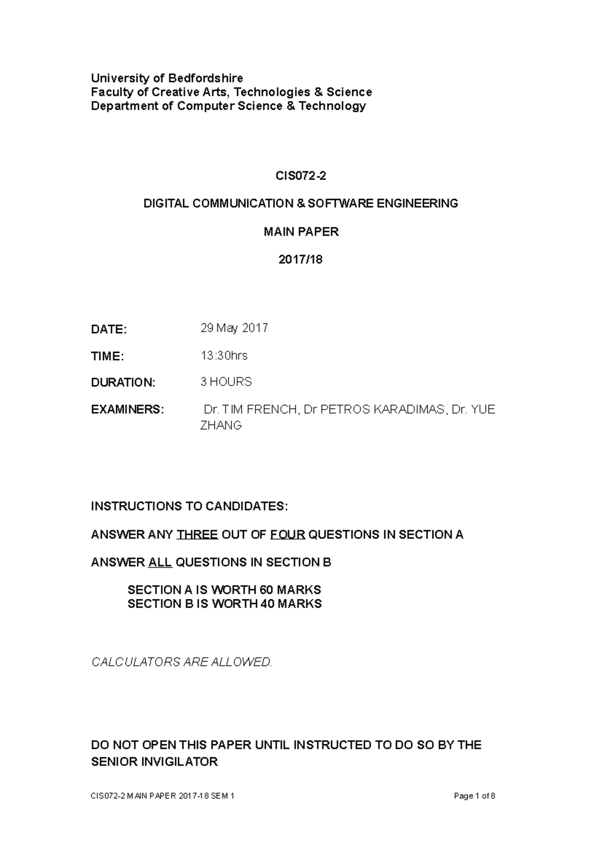 DIGITAL COMMUNICATION & SOFTWARE ENGINEERING Exam - University of ...
