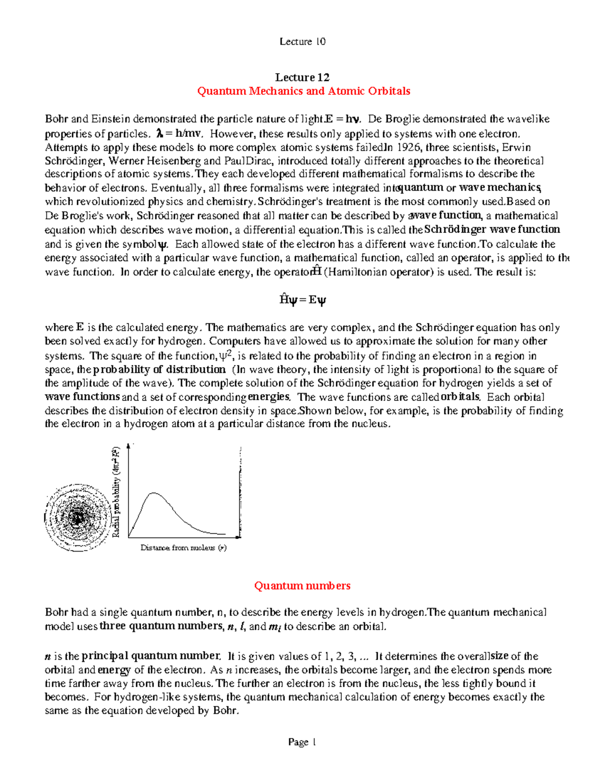Lecture 10 - Lecture 10 Lecture 12 Quantum Mechanics and Atomic ...