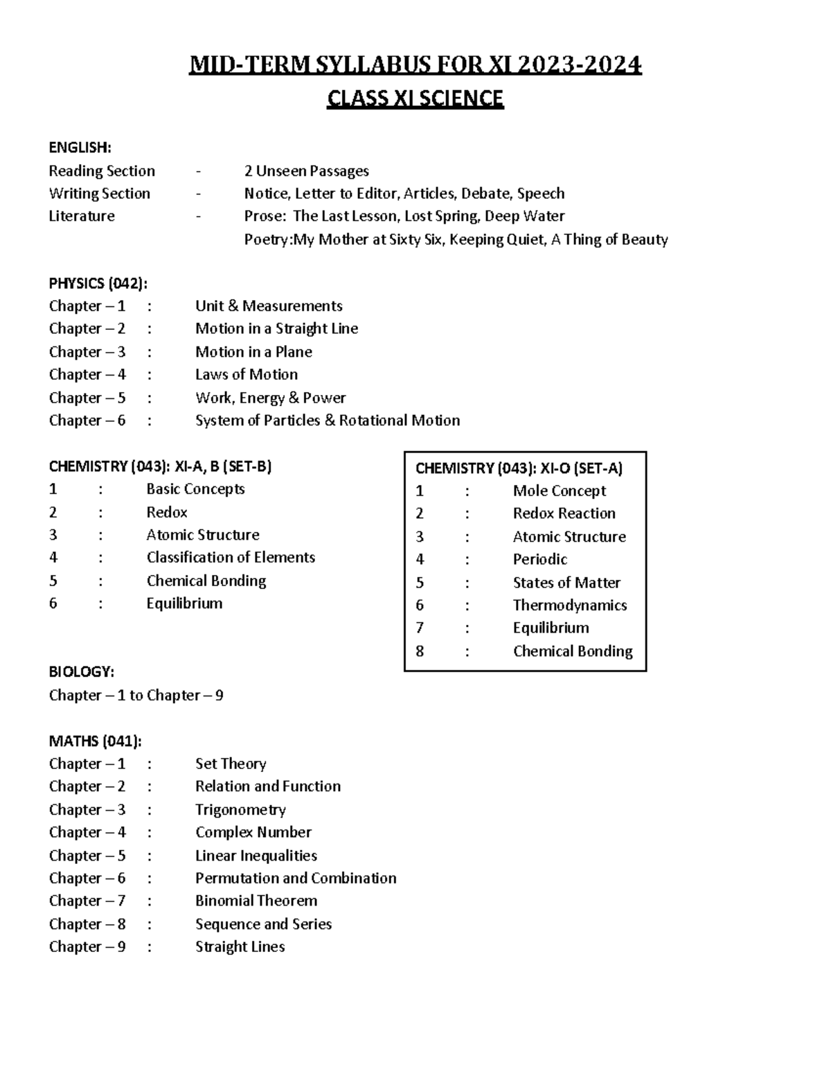 Mid Term Syllabus XI Sci - MID-TERM SYLLABUS FOR XI 2023- CLASS XI ...