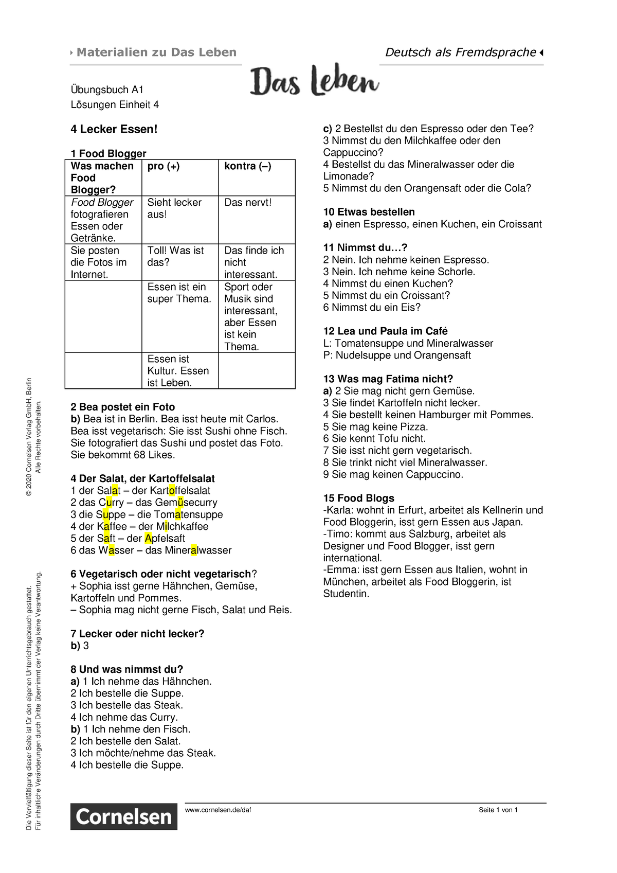 Losungen Zu Ubungsbuch A1 Einheit 4 - Materialien Zu Das Leben Deutsch ...