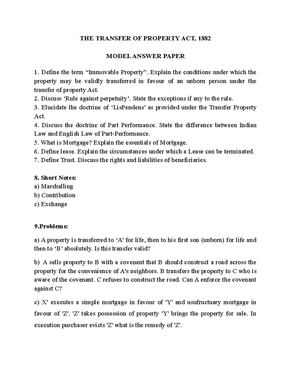 Tpact model 1 Property law, question bank with answers THE TRANSFER