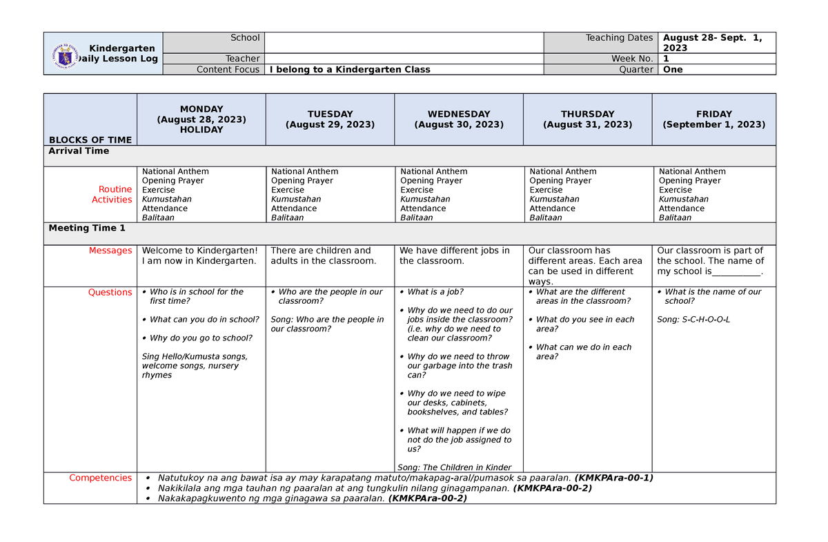 Kindergarten DLL Q1 Week 1 - Kindergarten Daily Lesson Log School ...