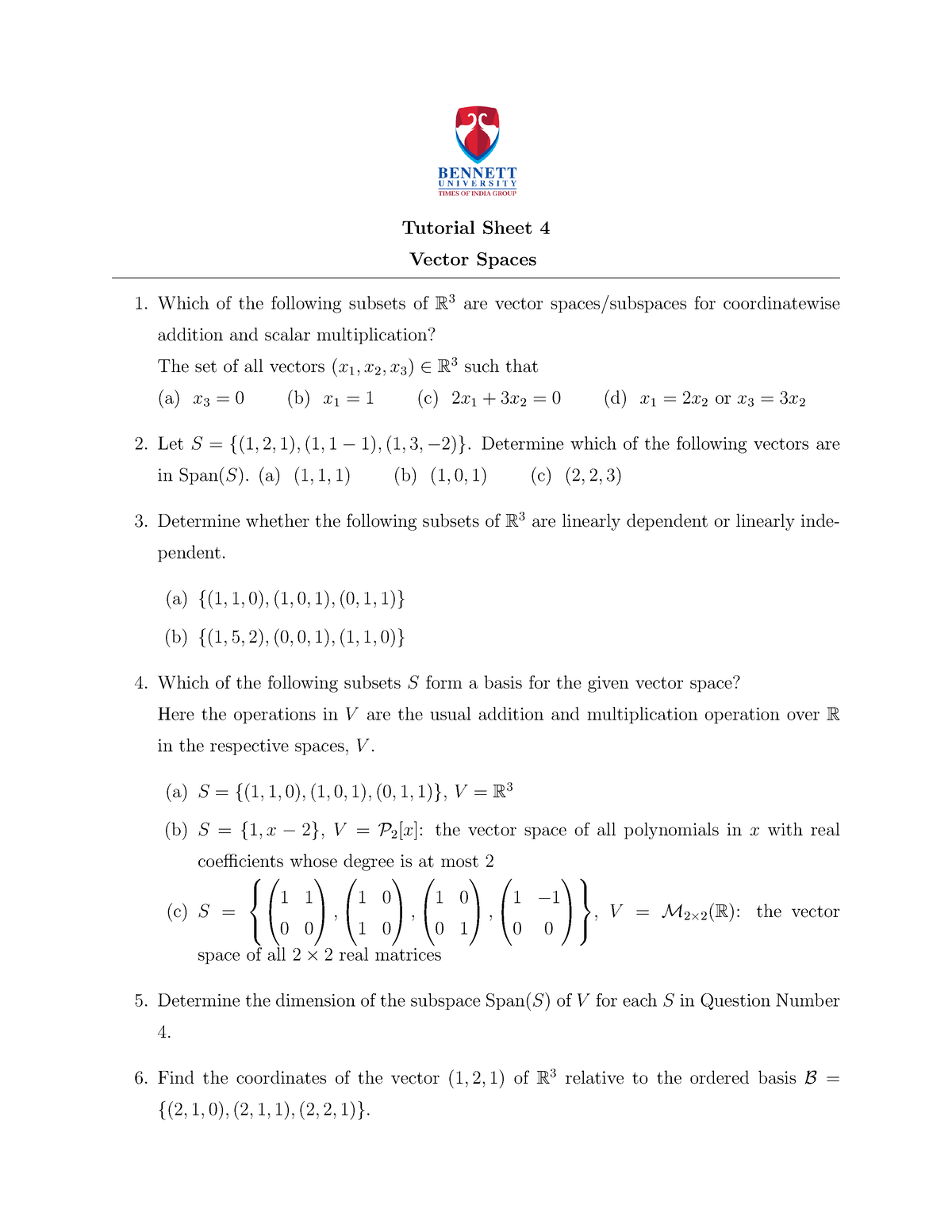 Tutorial Sheet 4 - Determine Which Of The Following Vectors Are In Span ...