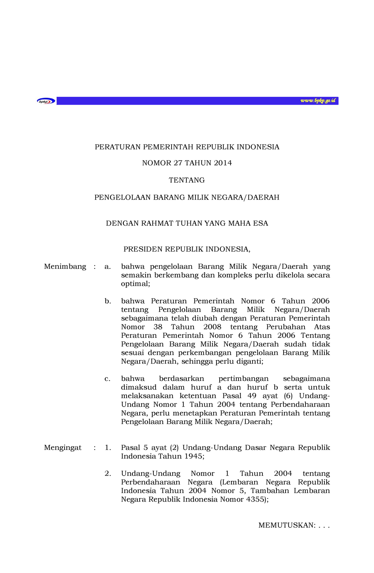 Peraturan Pemerintah Tahun 2014 PP Nomor 27 Tahun 2014 - PERATURAN ...