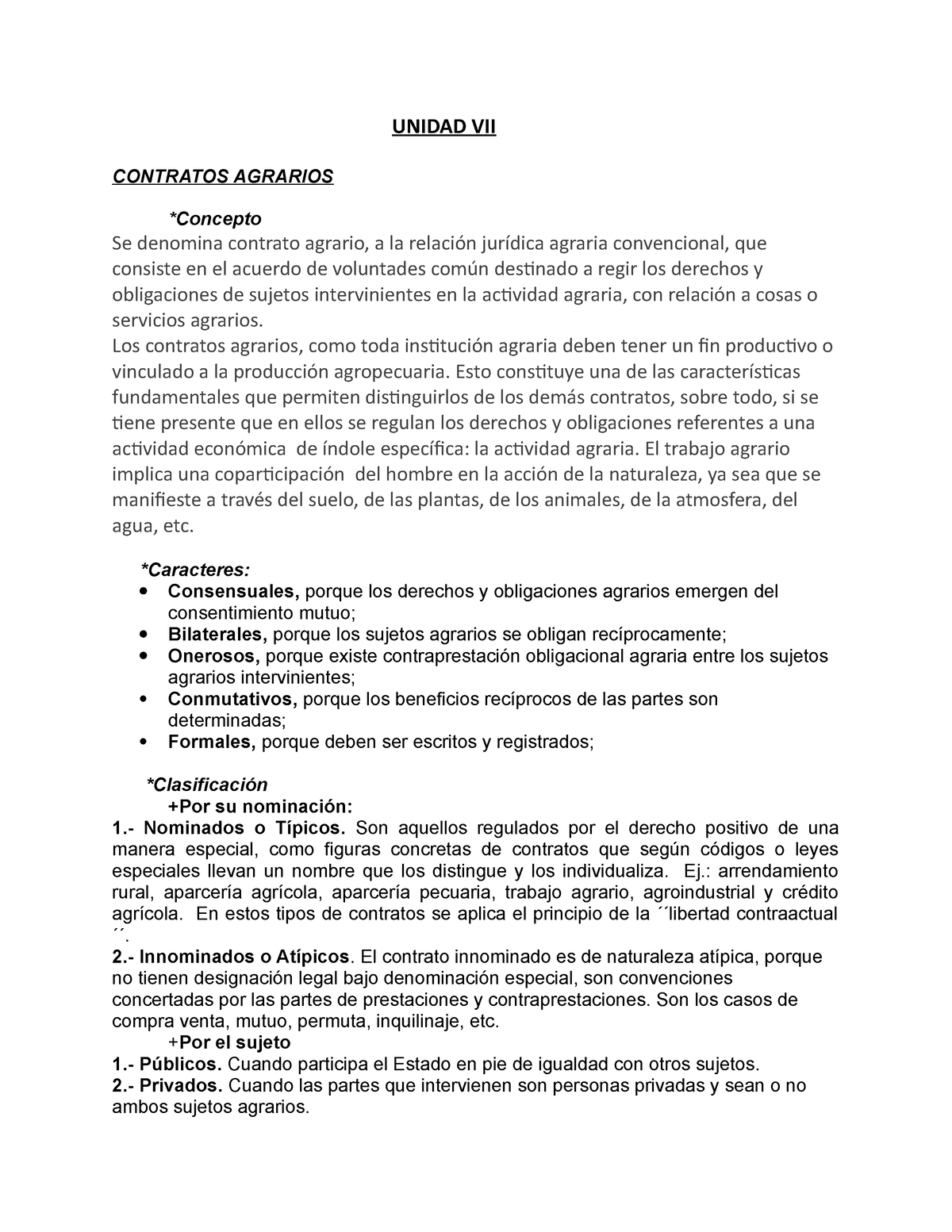 Unidad VII - Derecho Agrario - UNIDAD VII CONTRATOS AGRARIOS *Concepto ...