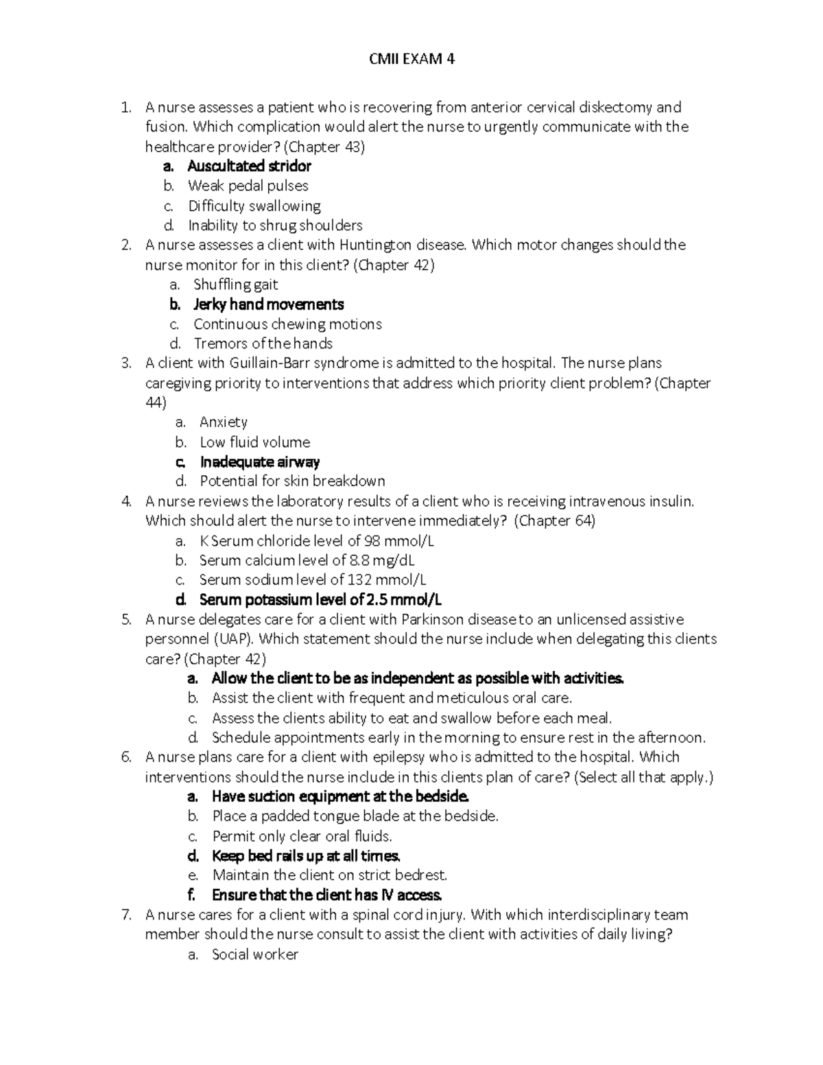 CMII exam 04 practice questions - A nurse assesses a patient who is ...