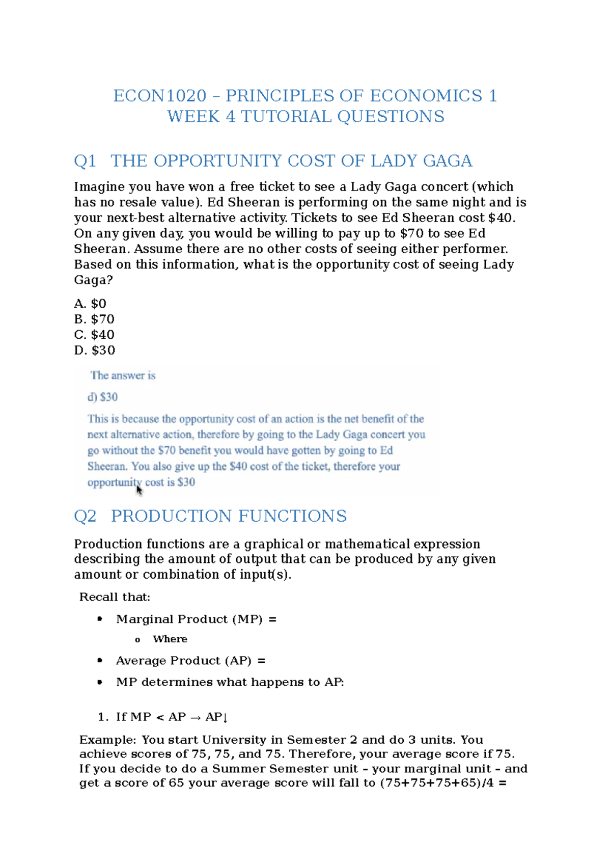 ECON1020 S2 2022 Week 4 Tutorial - Questions - ECON1020 – PRINCIPLES OF ...