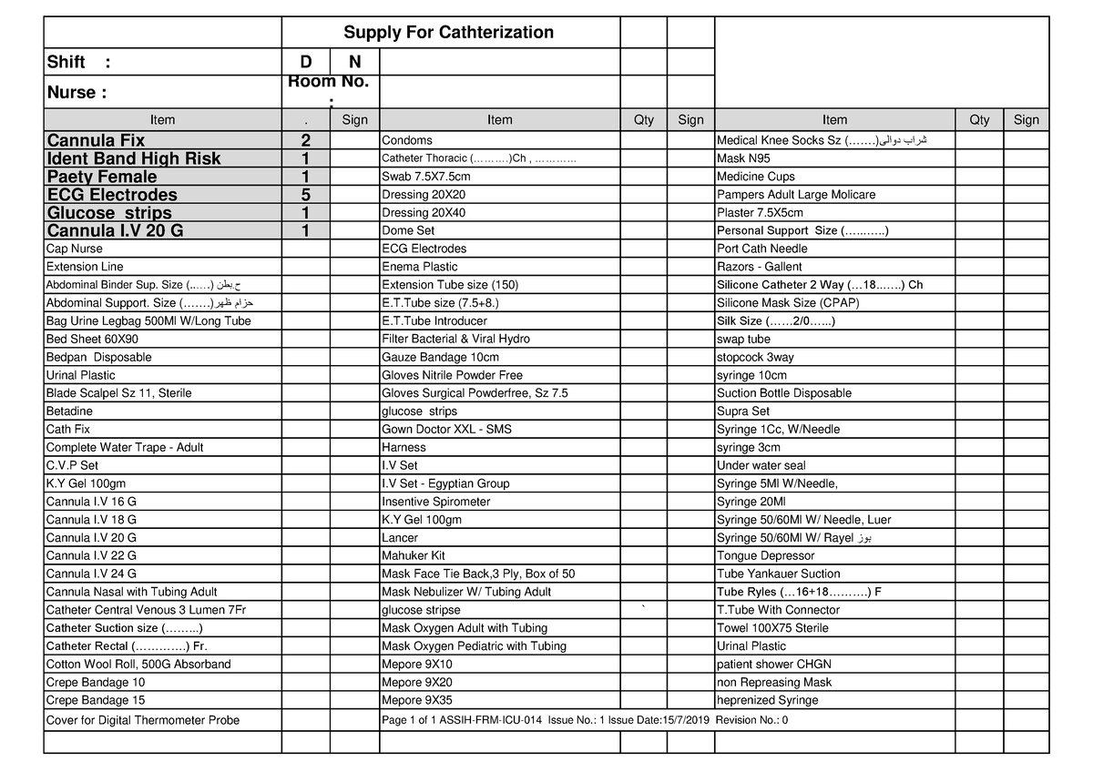 Supply Cath - Shift : D N Nurse : Item. Sign Item Qty Sign Item Qty ...