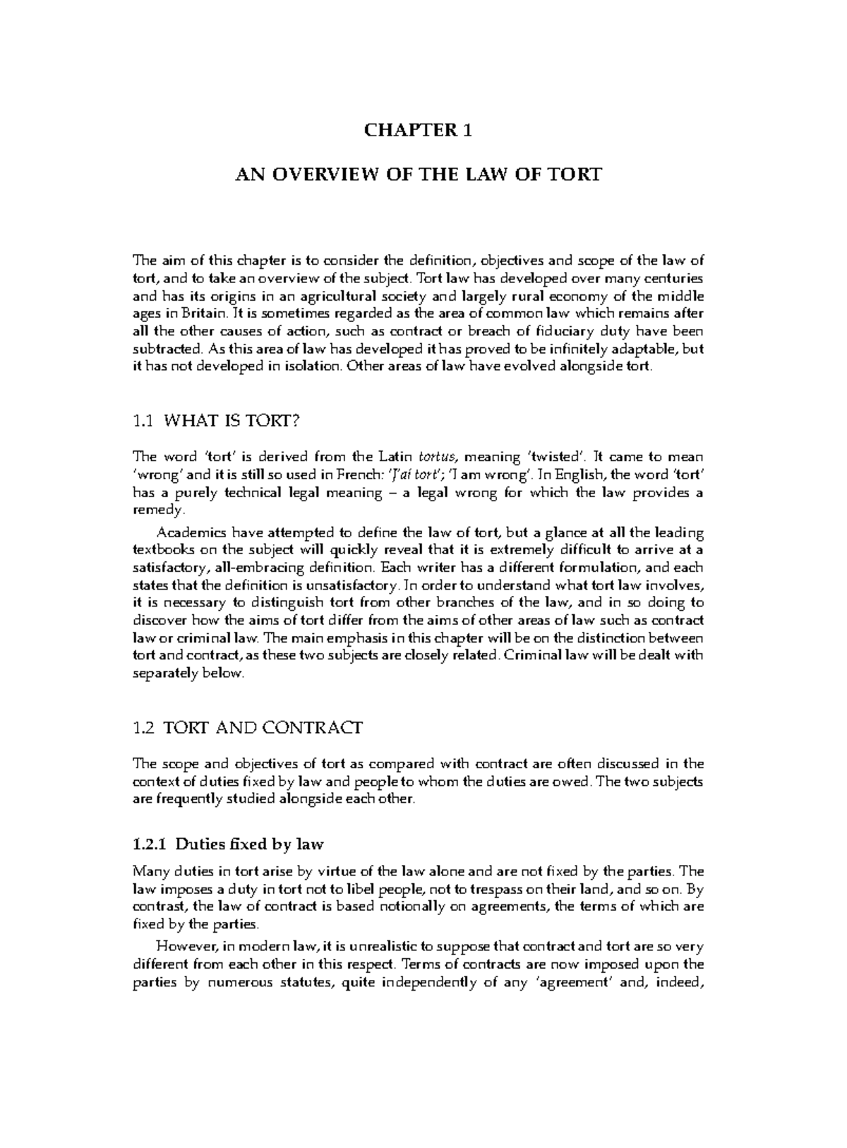 BK 1. Introductory tort - AN OVERVIEW OF THE LAW OF TORT CHAPTER 1 The ...