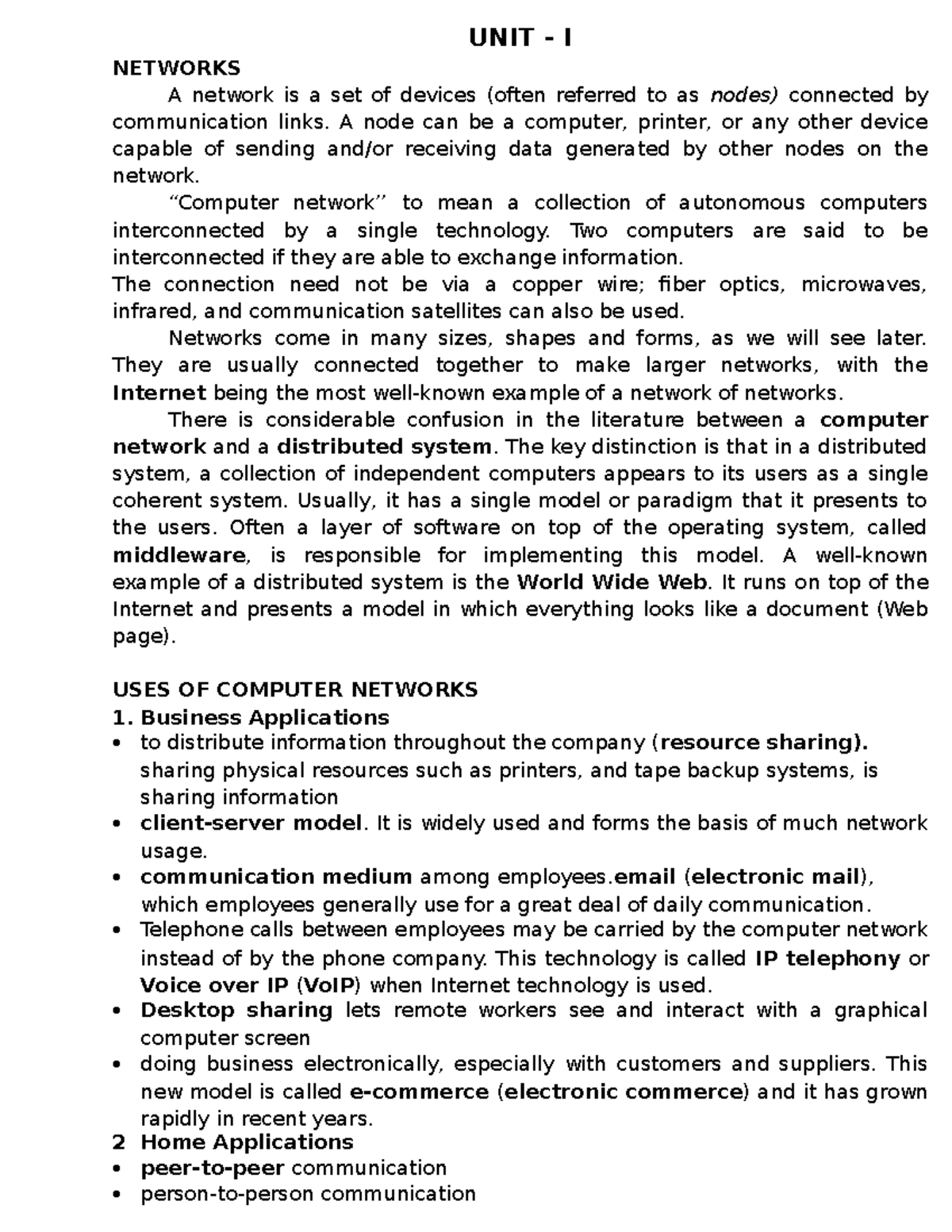 Unit 1 - UNIT - I NETWORKS A network is a set of devices (often ...