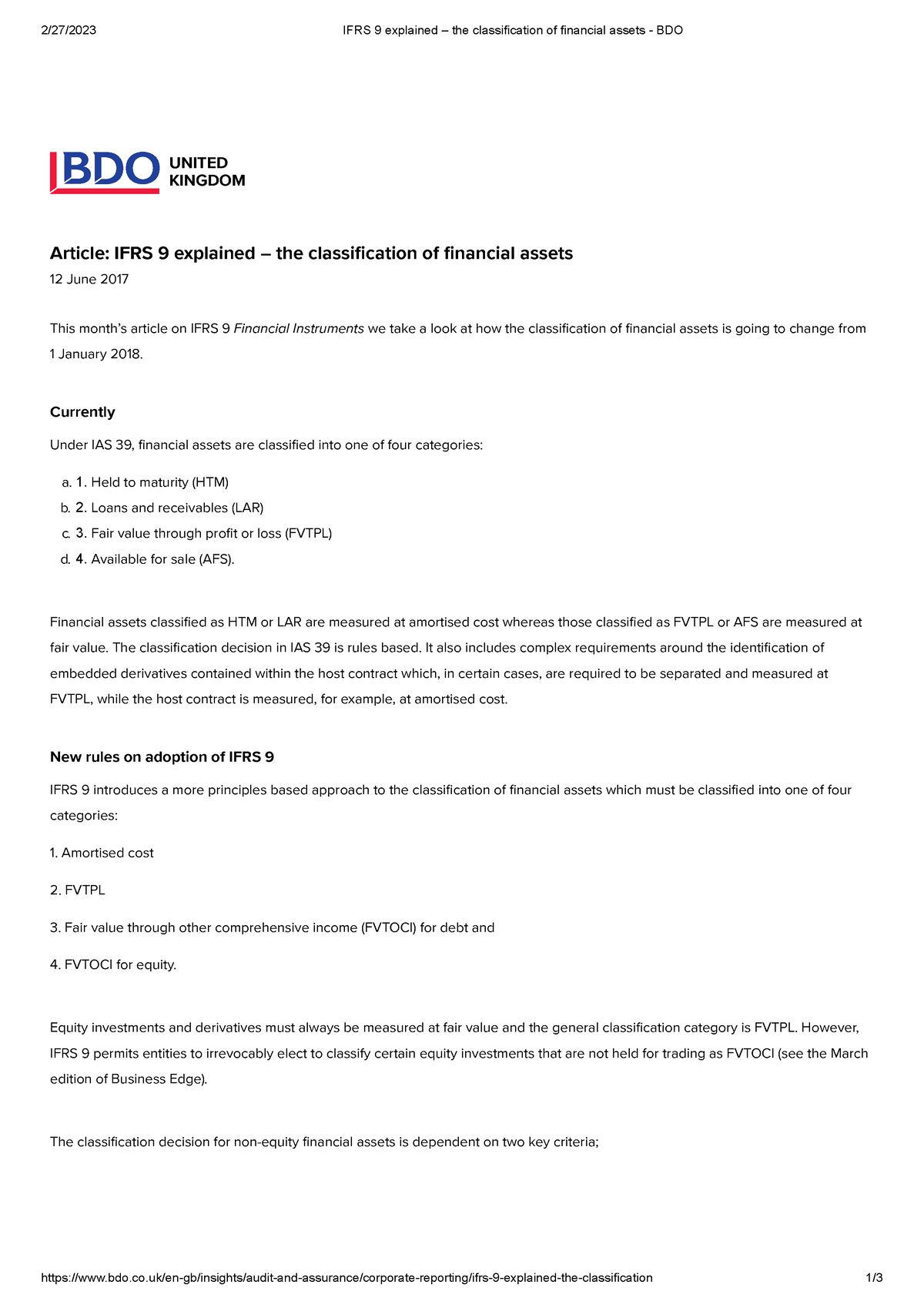 IFRS 9 Explained – The Classification Of Financial Assets - BDO - - Studocu