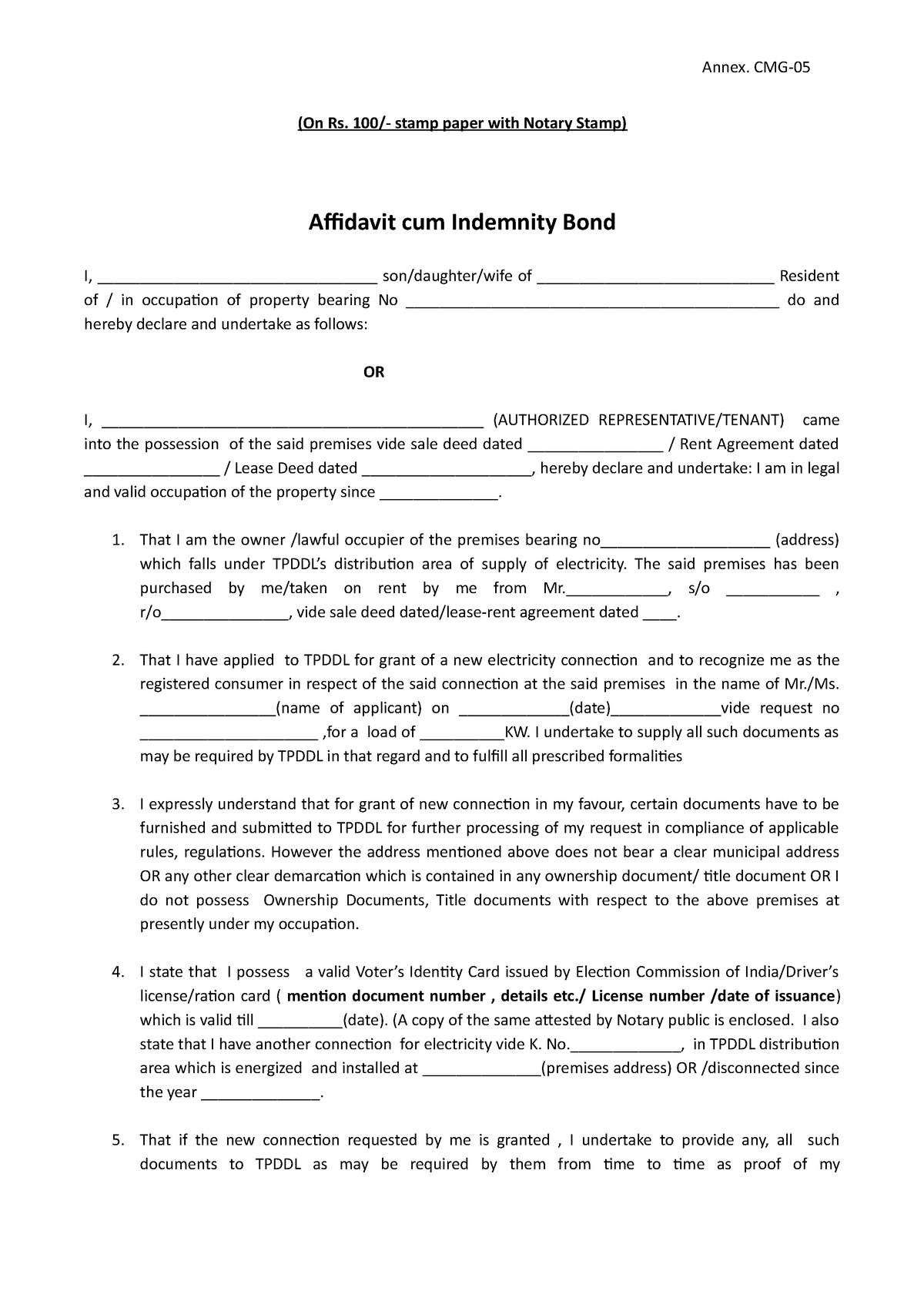 5 Indemnity Bond in lieu of Proof of Ownership - Annex. CMG- (On Rs ...