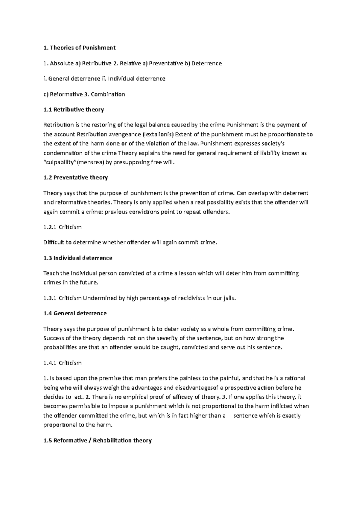 Crimial law test notes - 1. Theories of Punishment 1. Absolute a ...
