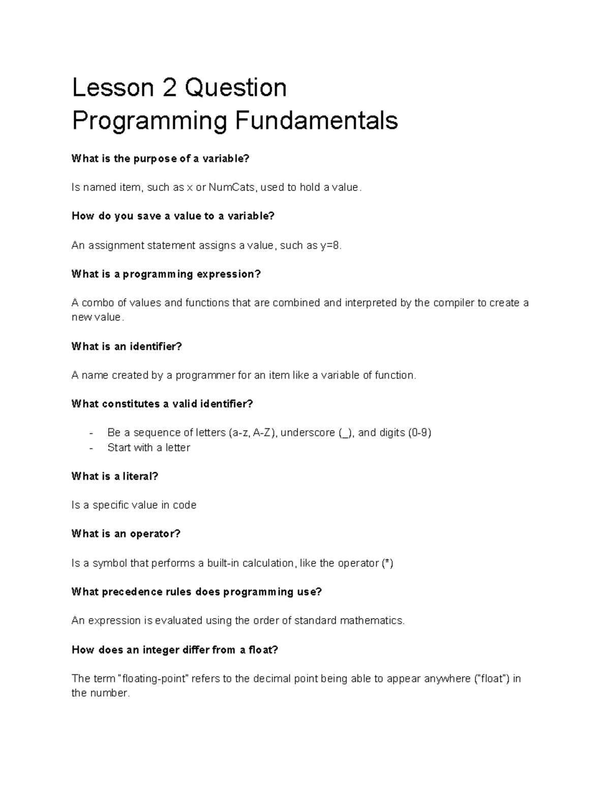 Lesson 2 Questions Programming Fundamentals - How Do You Save A Value ...