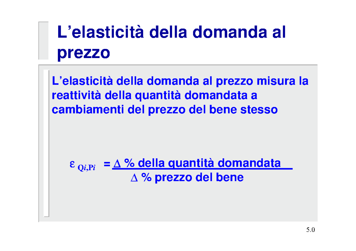 Elasticità della domanda al prezzo L’elasticità