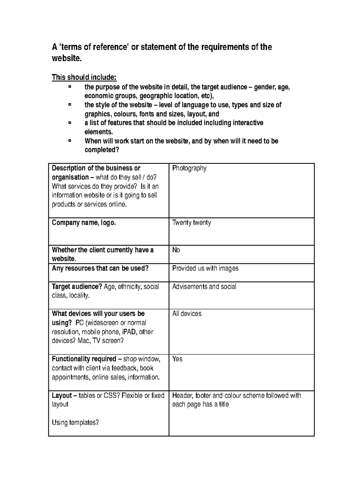 Terms of reference table - A 'terms of reference' or statement of the ...