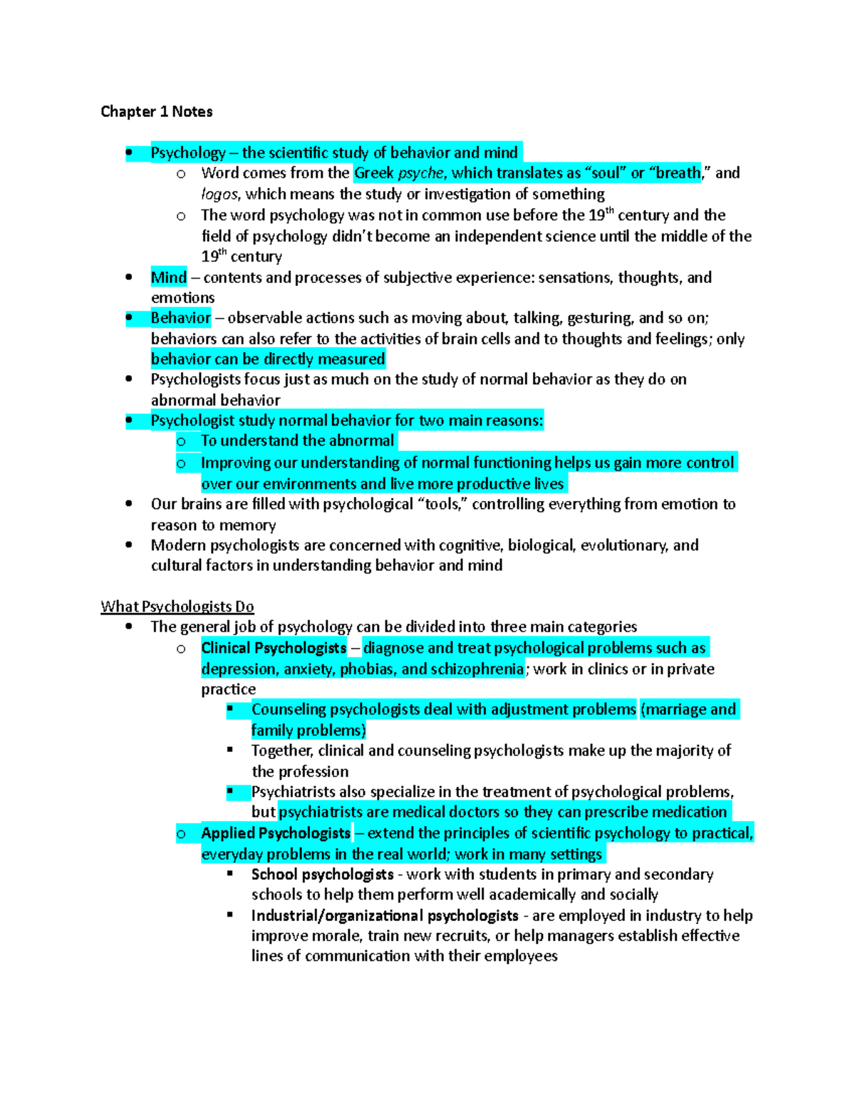 Ch 1 Book Notes - Chapter 1 Notes Psychology – the scientific study of ...
