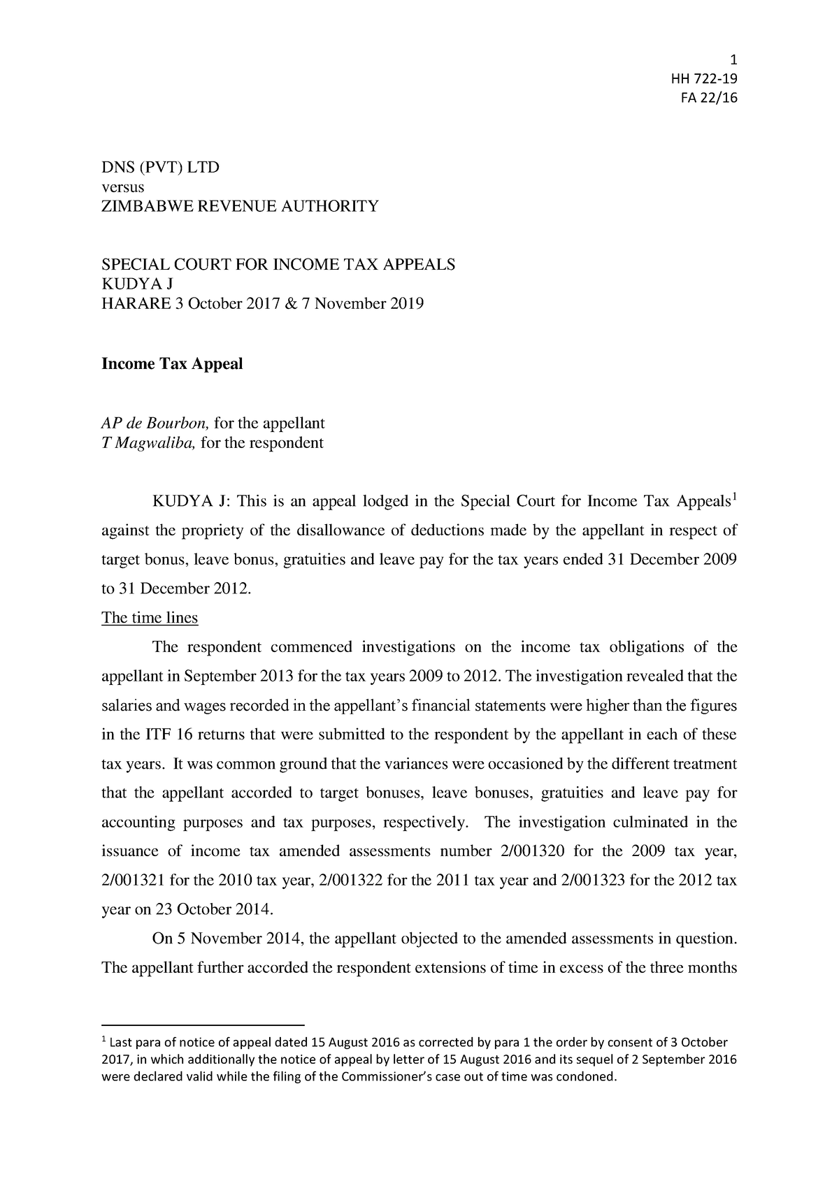 2019-zwhhc-722 - Law - Law - HH 722- FA 22/ DNS (PVT) LTD Versus ...