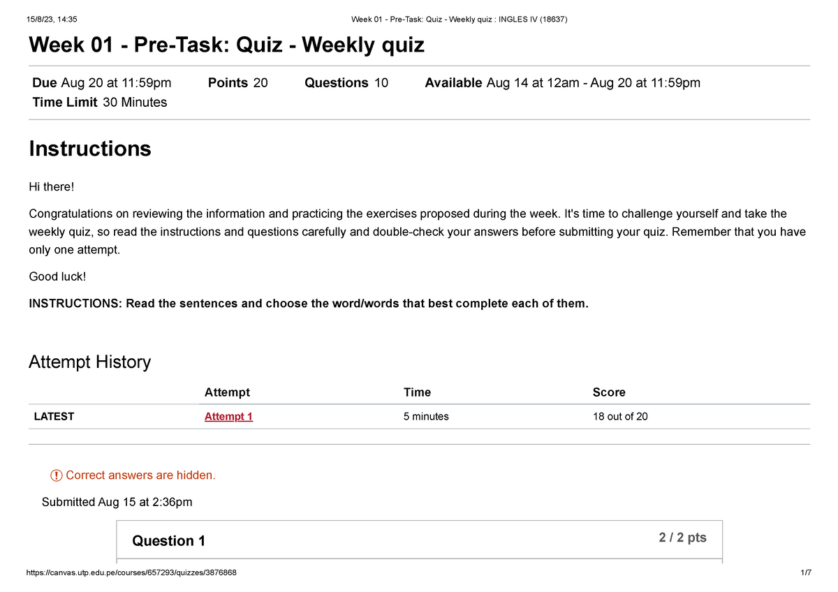 Week 01 - Pre-Task Quiz - Weekly quiz Ingles IV (18637) - Week 01 - Pre ...