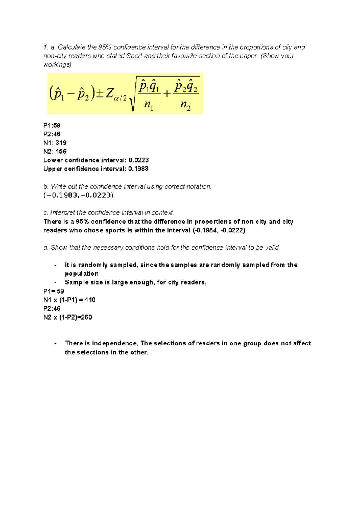 Assignment 3 lab - a. Calculate the 95% confidence interval for the ...