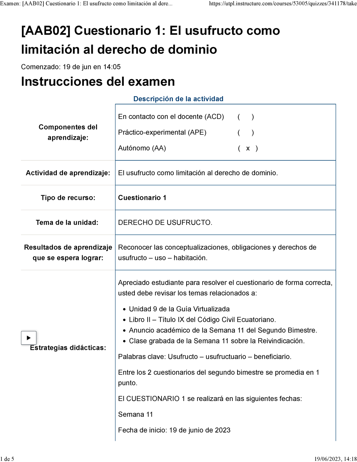 Examen [AAB02] Cuestionario 1 El Usufructo Como Limitación Al Derecho ...