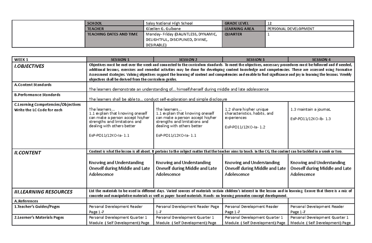 Perdev Q1W1 - cscsscscscs - SCHOOL Salay National High School GRADE ...