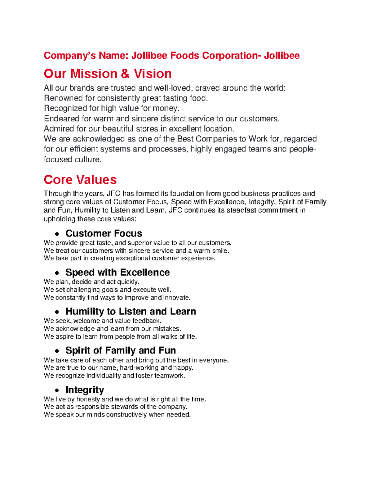 Jollibee Foods Corporation Recognized for high value for money