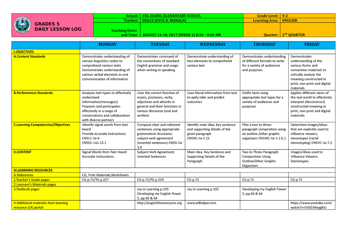 DLL English 5 Q2 W1 - Daily Lesson Log - GRADES 5 DAILY LESSON LOG ...