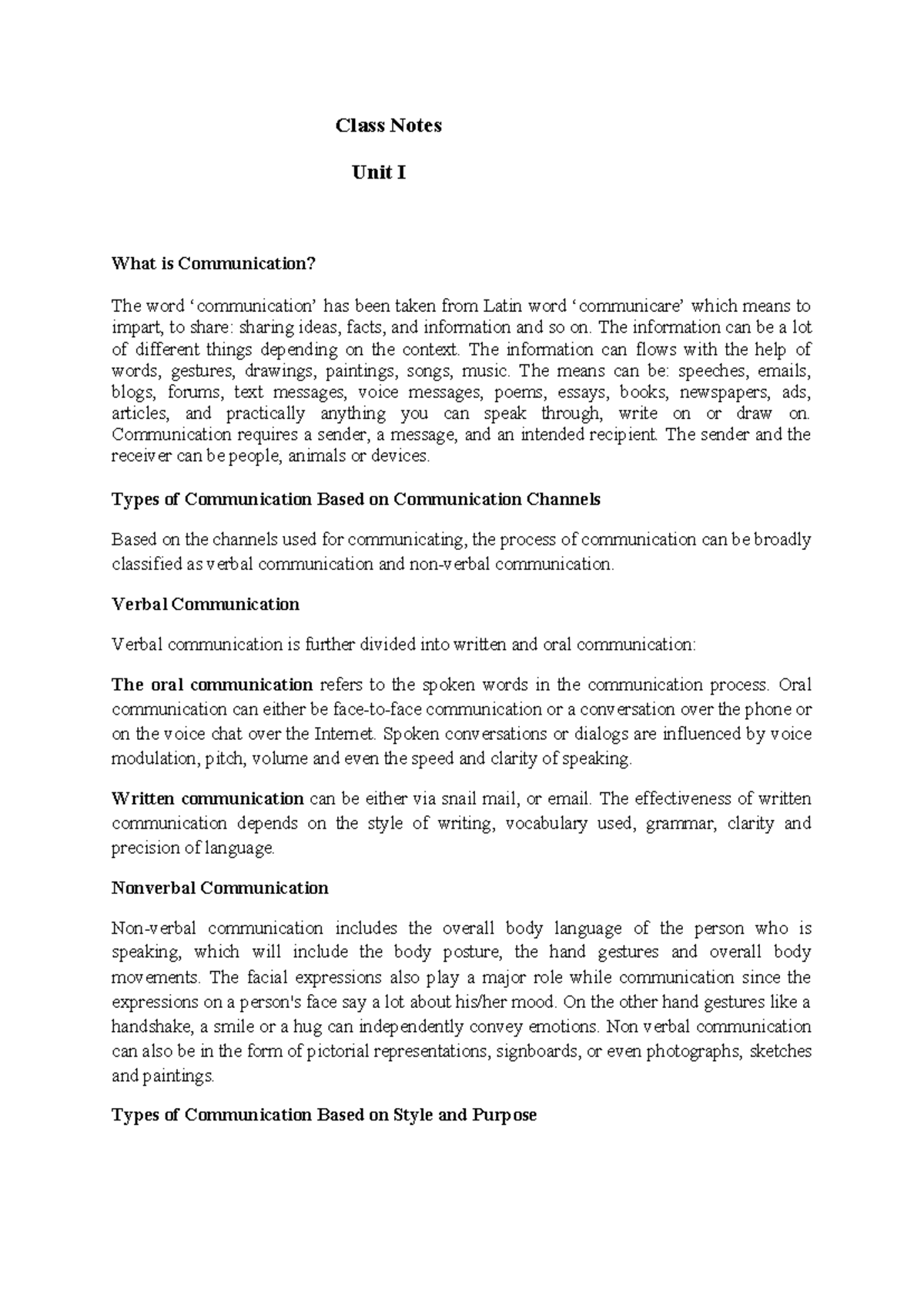 Notes Unit 1 AASL0401 - Class Notes Unit I What is Communication? The ...