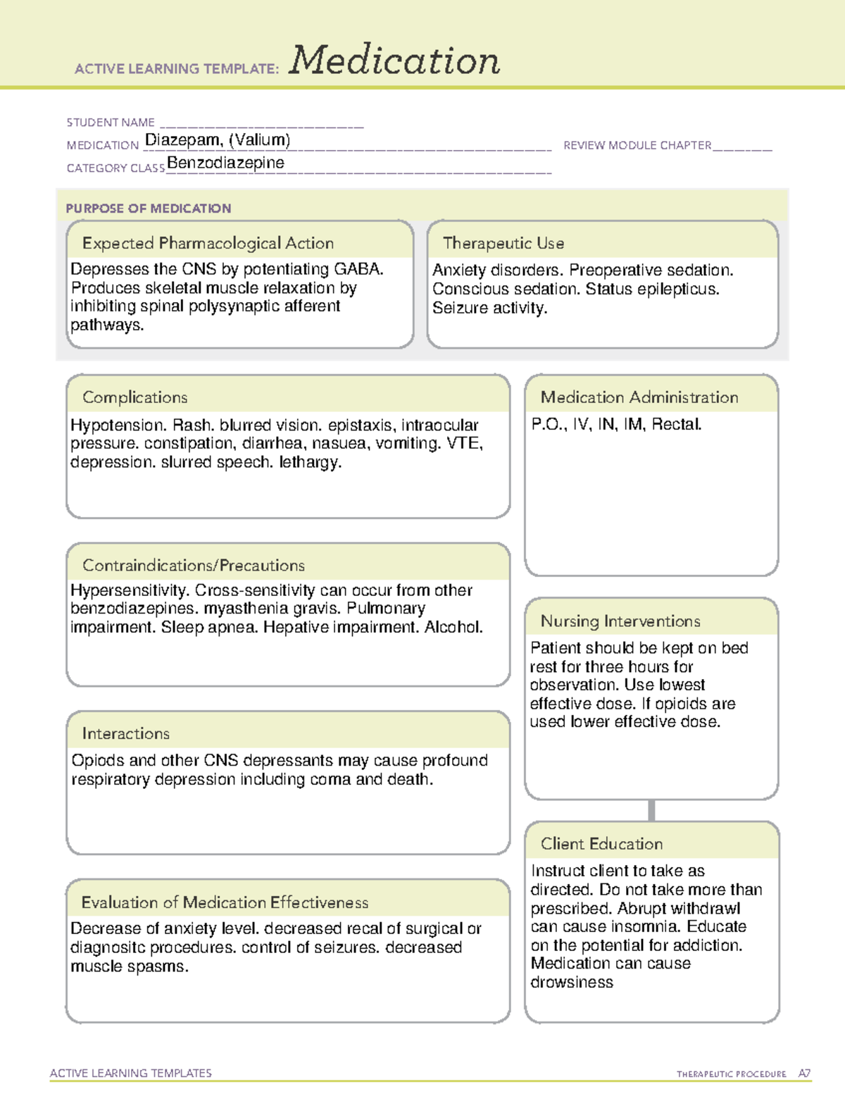 ATM Diazepam - ATI - ACTIVE LEARNING TEMPLATES TherapeuTic procedure A ...