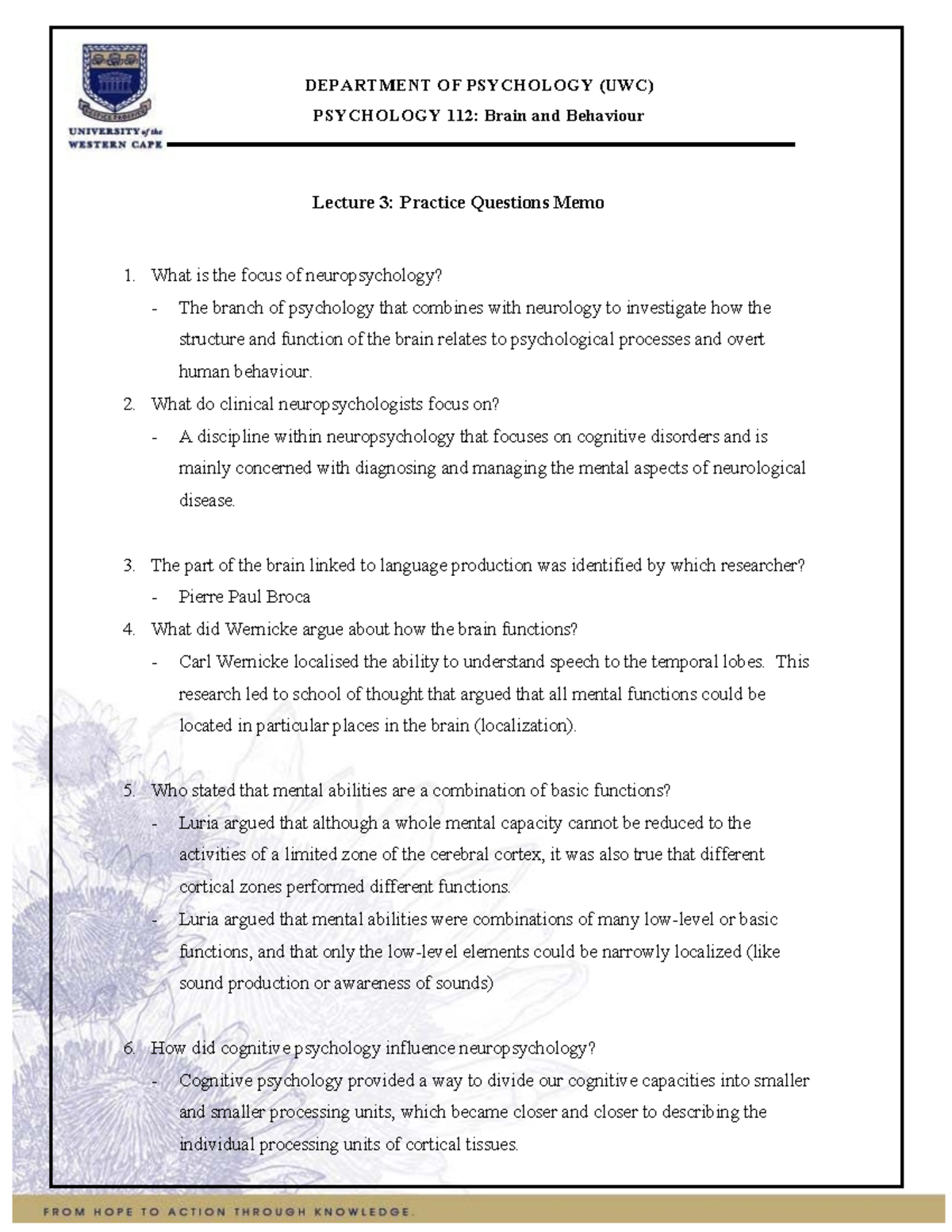 Lecture 3 PSY112 Practice Questions Memo DEPARTMENT OF PSYCHOLOGY