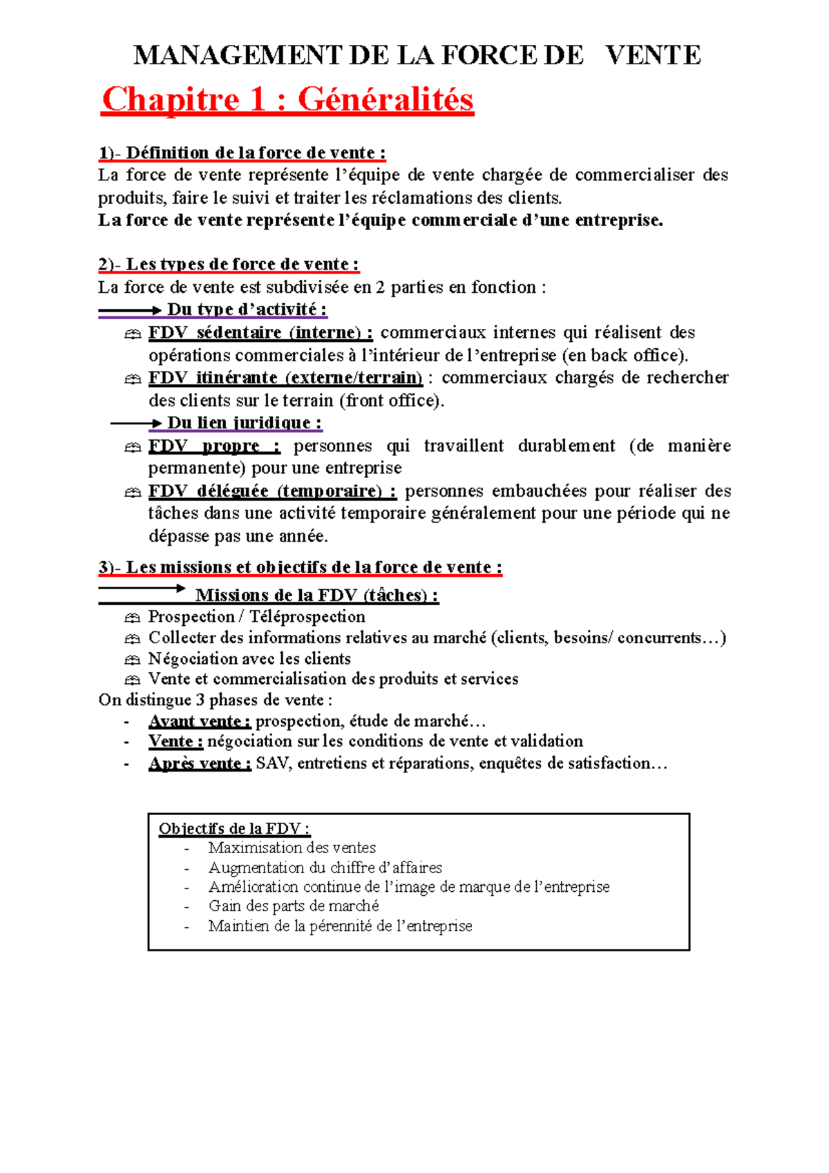 Résumé Management de la force de vente final - MANAGEMENT DE LA FORCE ...