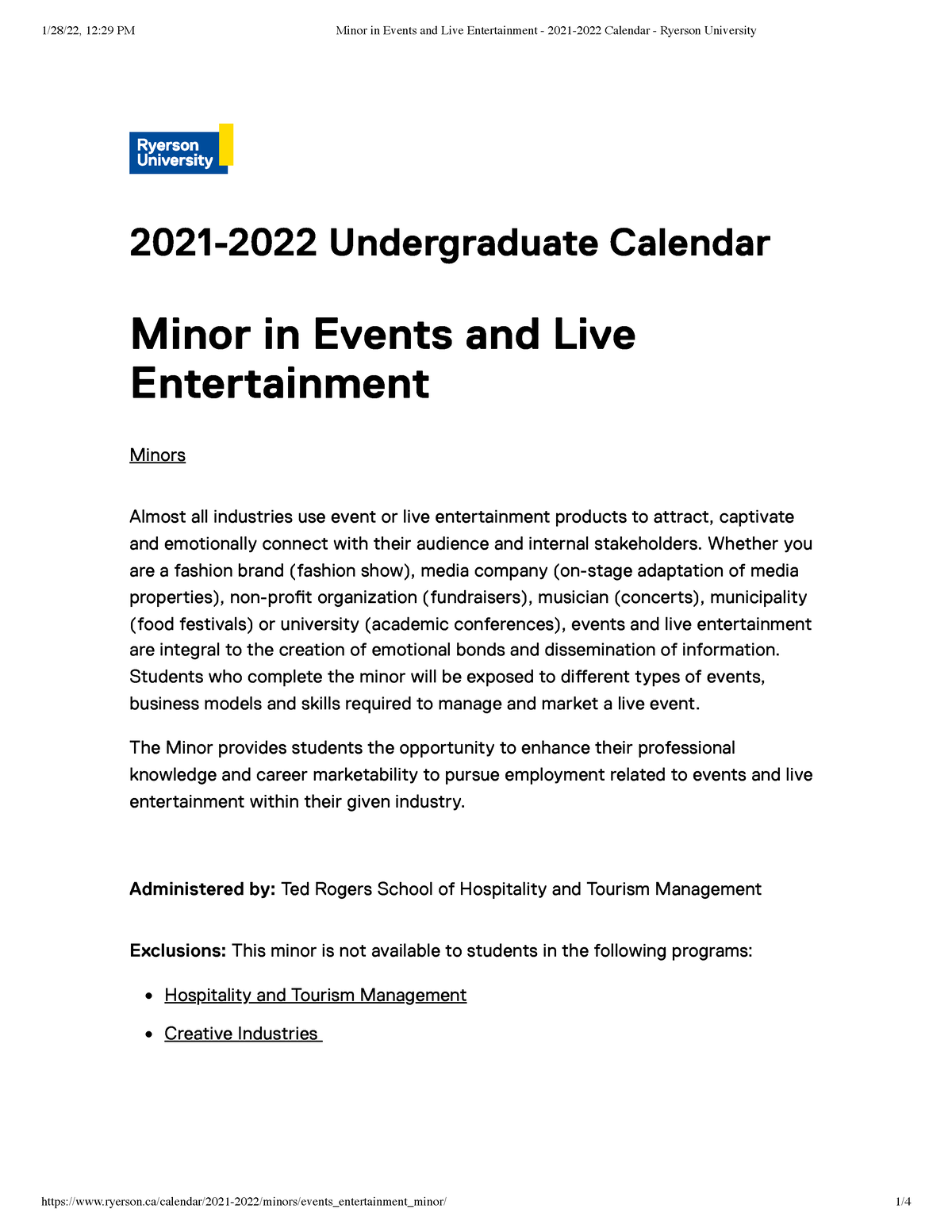 Minor in Events and Live Entertainment 20212022 Calendar Ryerson