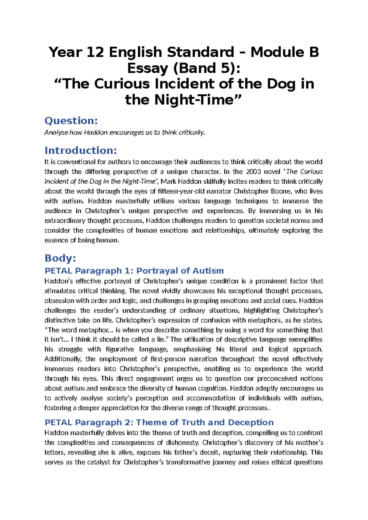 Year 12 English Standard Module B Essay (Band 5) "The Curious