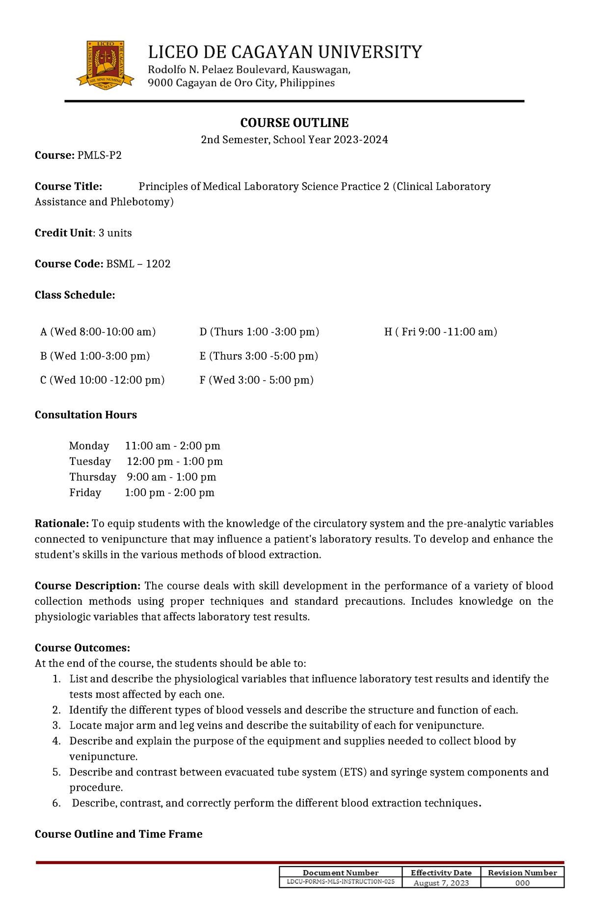 PMLS 2 LEC Course Outline - COURSE OUTLINE 2nd Semester, School Year ...