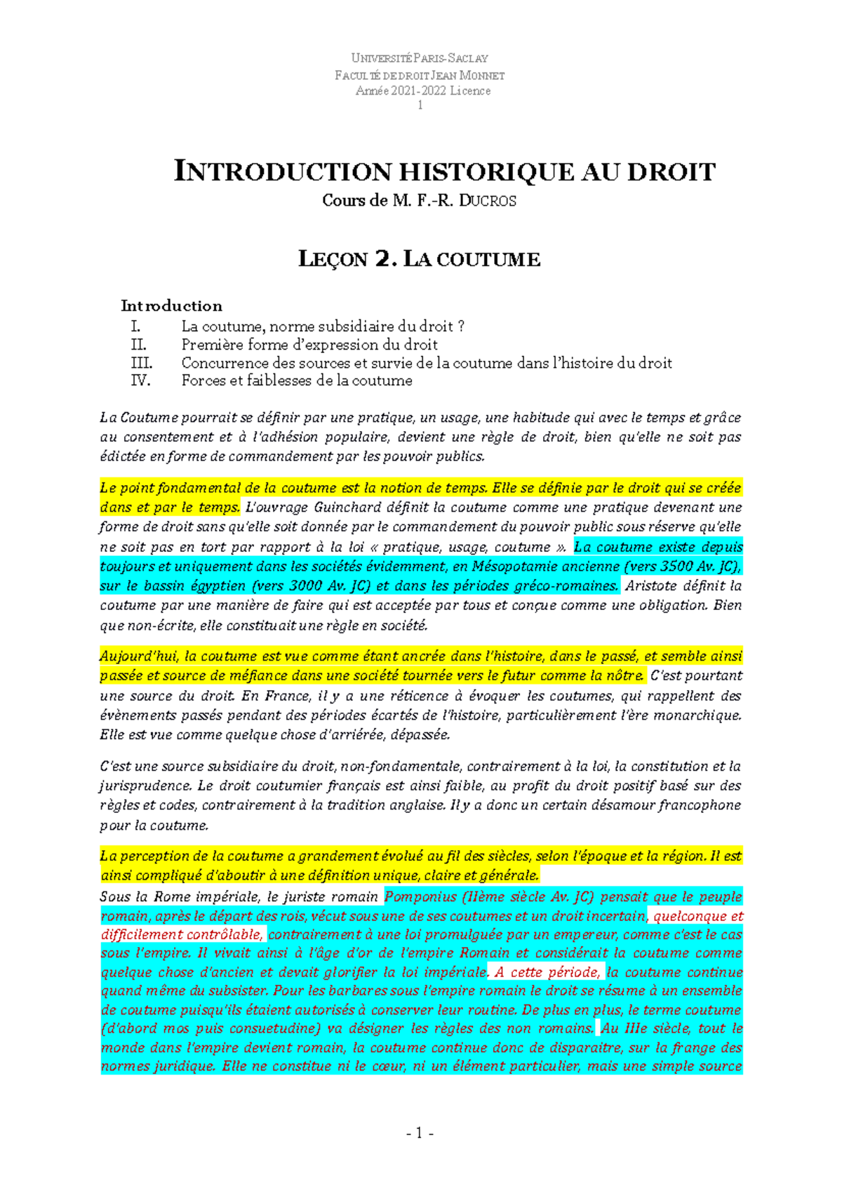 Chapitre 2 La Coutume Introduction historique au droit L1 DROIT