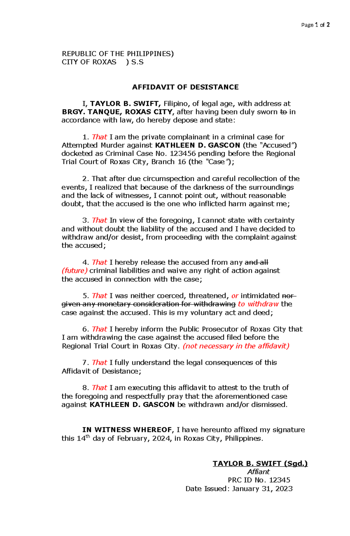 Edited Affidavit of Desistance - Page 1 of 2 REPUBLIC OF THE ...